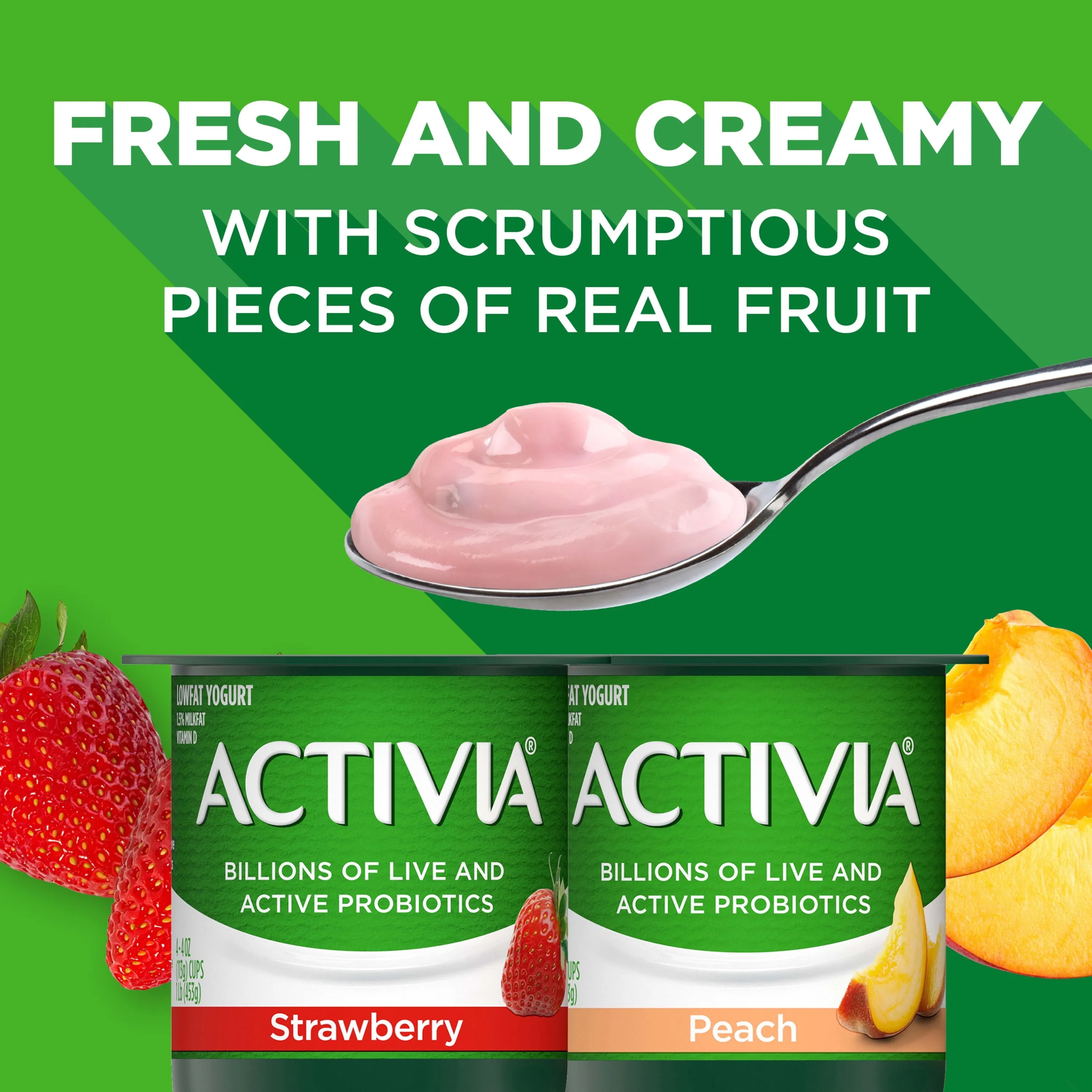 Activia Peach and Strawberry Probiotic Yogurt, Lowfat Yogurt Cups, 4 oz, 12 Count