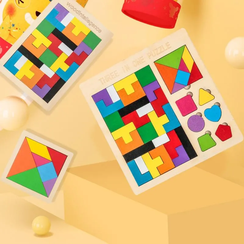 Colorful 3D Puzzle Wooden Toys High Quality Tangram Math Toys Jigsaw Game Children Preschool Imagination Educational Toy