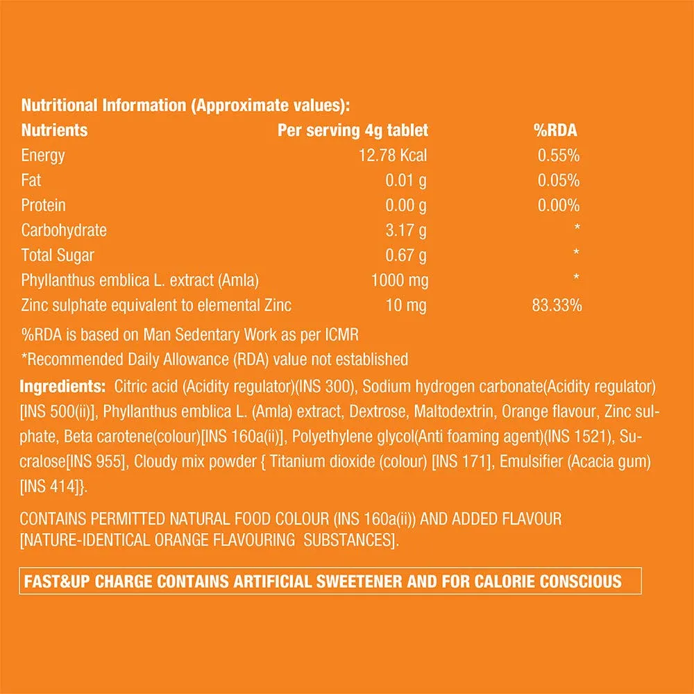 Fast&Up Charge with Natural Vitamin C and Zinc for Immune Support - 20 Effervescent Tablets - Orange Flavour