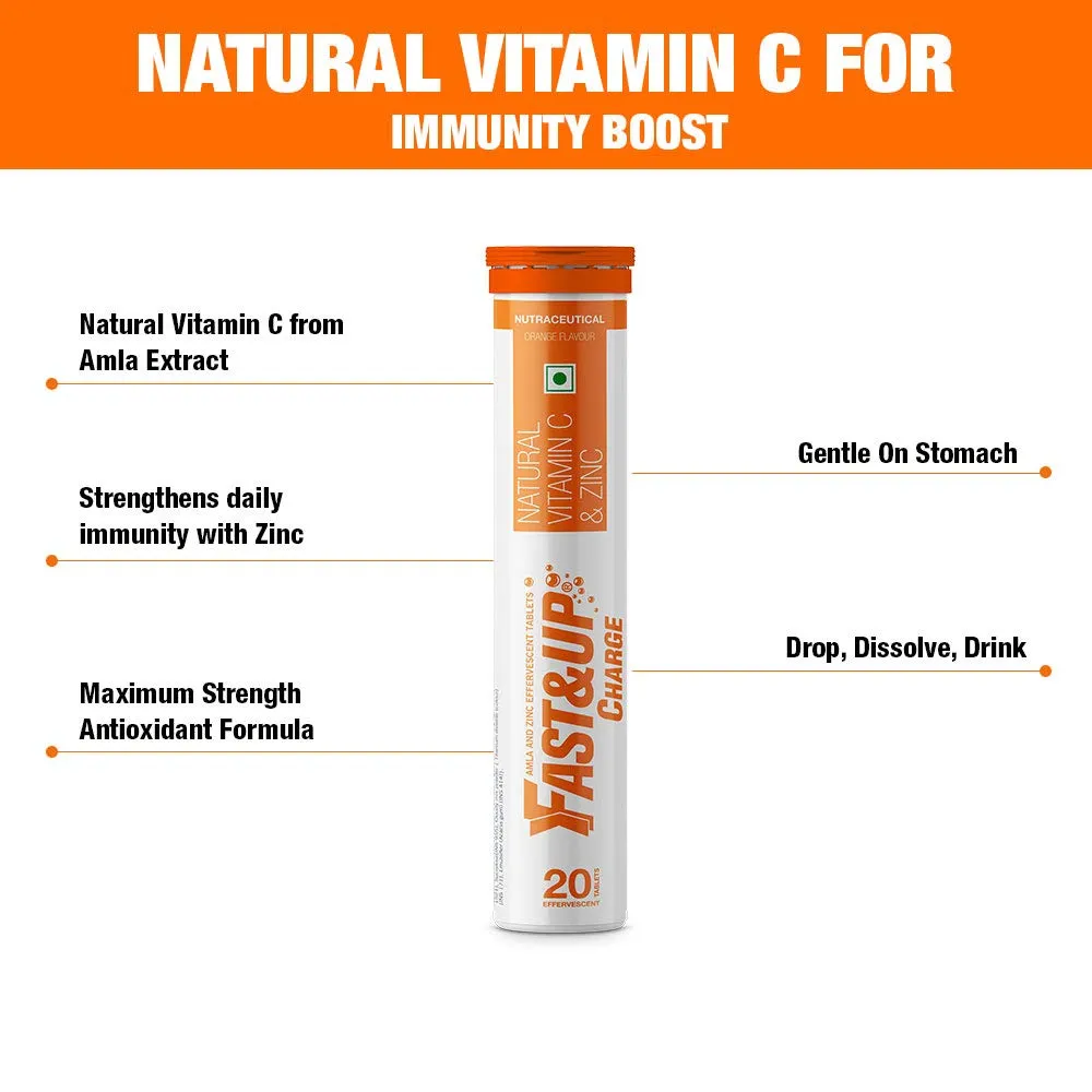 Fast&Up Charge with Natural Vitamin C and Zinc for Immune Support - 20 Effervescent Tablets - Orange Flavour